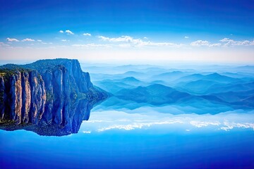 Majestic mountain range reflected in a tranquil, azure expanse