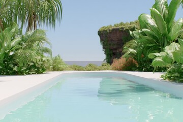 Tropical pool nestled in lush gardens overlooking ocean