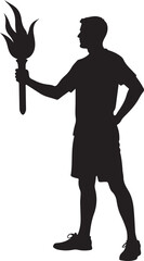 Black silhouette of a man holding a flaming torch flame