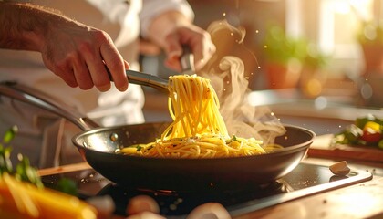 Chef stirring delicious, steamy spaghetti in a pan for a culinary masterpiece, ready to be served in your restaurant or home, creating a warm atmosphere