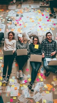 A startup team is lying on the floor with laptops and sticky notes scattered around