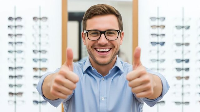 Man smiles wearing new glasses He approves of his eyewear with two thumbs up Eyeglasses displayed blurrily in the background showcase selection