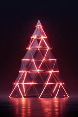 Futuristic neon pyramid with red lights reflecting on water at night