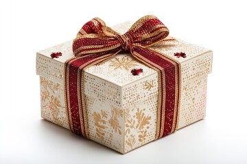 Elegant gold and red gift box with bow and snowflakes on white background