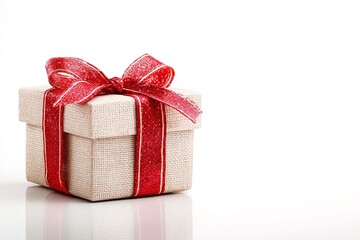 Elegant gift box with red ribbon on white background for celebrations