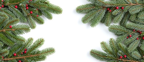 Festive evergreen pine branches with red berries on white background