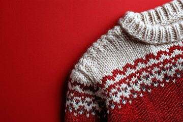 Cozy red and white knit sweater on vibrant red background