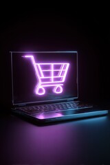 Neon shopping cart on laptop screen in dark setting