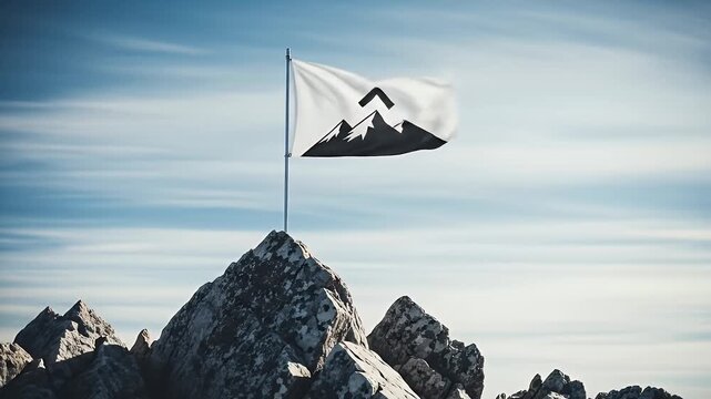 A white flag with a mountain logo waves proudly on a rocky summit against a blue sky symbolizing success and achievement in business