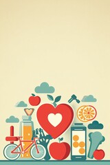 Healthy lifestyle icons: heart, bicycle, fruits, and vegetables illustration
