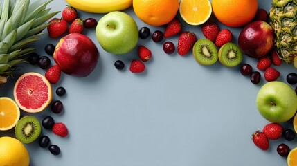 Assorted fresh fruits on blue background with apple, kiwi, berries, and pineapple