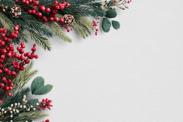 Festive christmas arrangement with pine branches and red berries on white background