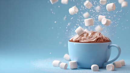 Marshmallows falling into hot chocolate in blue mug with whipped cream on blue background