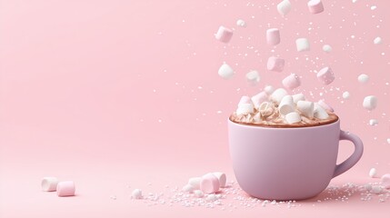 Hot chocolate with marshmallows in pink mug on pastel background