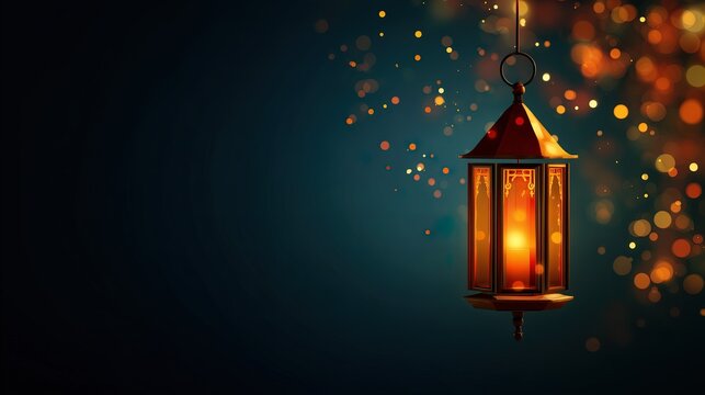 Ornate lantern with warm glow and bokeh lights on a dark background