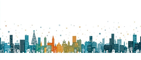 Vibrant winter city skyline with snowflakes and holiday decor