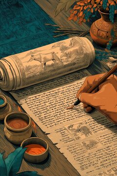 Ancient scroll writing with sanskrit script and illustrations on wooden desk