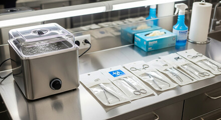 Sterilization equipment and packaged surgical instruments on stainless steel countertop in medical setting