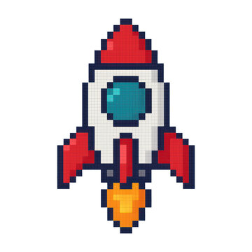 PNG Pixelated rocket launching illustration.