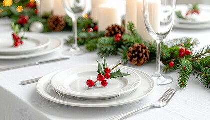 Festive Christmas Table Setting with Decorations.