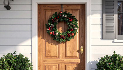 Festive Christmas Wreath on Wooden Door.