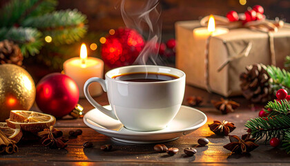 Festive Coffee Cup with Christmas Decorations.