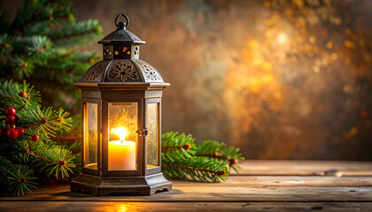 Lantern with Candle and Christmas Decorations.