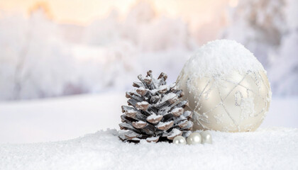 Snowy Pinecone and Ornament Winter Scene.