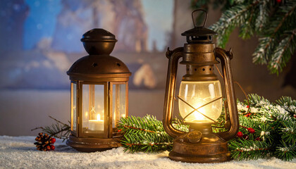 Vintage Lanterns with Christmas Decorations.