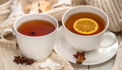 Warm tea cups with lemon and spices.