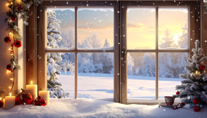 Winter Wonderland Window View with Snow.