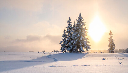 Snowy Winter Landscape with Evergreen Trees.
