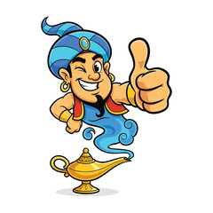 Cheerful Genie Emerging from Magic Lamp Giving Thumbs Up