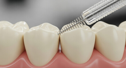 Closeup view realistic dental teeth model with dental scaler tool cleaning between the teeth, demonstrating professional oral hygiene techniques