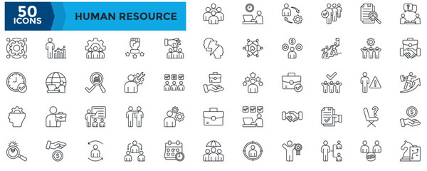 Human Resource icon set. Containing workplace, management, candidate selection, resume review, job interview, hire, career growth, salary, strategy, teamwork, HR management. Outline style