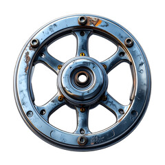 Obraz premium Grungy Industrial Chrome Wheel Rim Detail with Rust on Black | Vintage Automotive Part Isolated | Weathered Metallic Texture Background