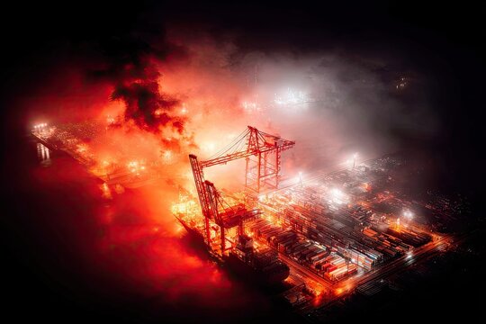 Aerial view of a ship in a shipyard at night, lit by intense lights and smoke
