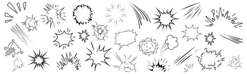 Line speed cartoon effect, boom explosive motion line element set. Comic boom burst, explosive smoke, line speed cartoon vector icon. 