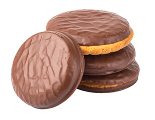 Chocolate Covered Cookie Isolated on White, sweet baked snack.