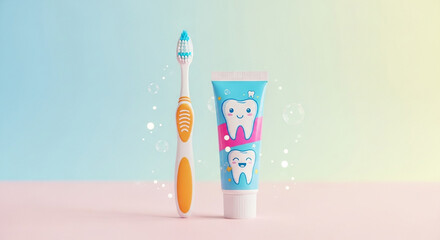 Childs toothbrush and tube toothpaste with cartoon teeth, set against soft pastel, symbolizing dental hygiene and healthy habits for kids