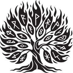 Black and white depiction of a tree with runic symbols and flame like leaves on a white background