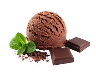 Two Chocolate Ice Cream Scoops Isolated on White Background, rich frozen dessert.