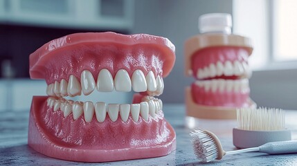 dentistry concept with healthy gums and teeth in foreground, inflamed gum model in background for contrast. Includes floss, mouthwash, and soft-bristle brush props. preventive dentistry, healthy 