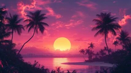 Vibrant tropical sunset over palm trees with colorful sky and ocean view - Powered by Adobe