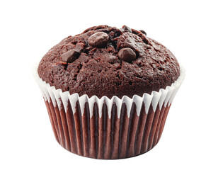 Chocolate Muffin Isolated on White Background, baked breakfast pastry.