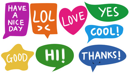 Colorful speech bubble with the words Hi, Yes, Cool, Thanks, and Good, comic element, dialogue design