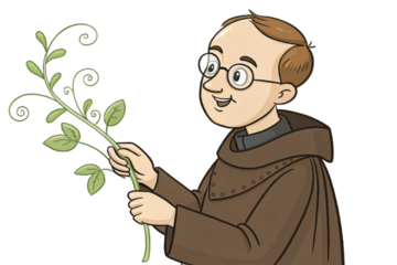 “Gregor Mendel cartoon portrait clip art, scientist in monk robe holding pea plant, vector illustration, isolated on transparent background.”