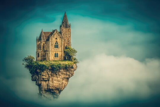Floating castle on a rocky isle in clouds