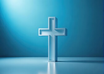 Obraz premium A stylized three-dimensional cross shape sits on a serene blue background