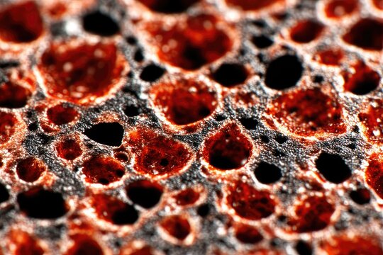 Close-up view of a porous, dark-red material - Powered by Adobe